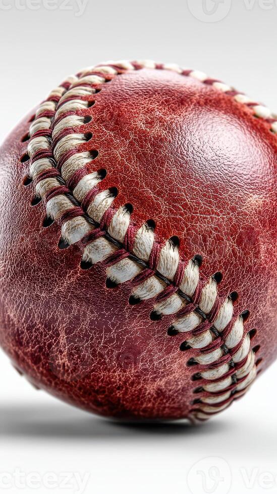 Detailed close-up of a worn baseball showcasing its textures and stitches against a neutral background photo