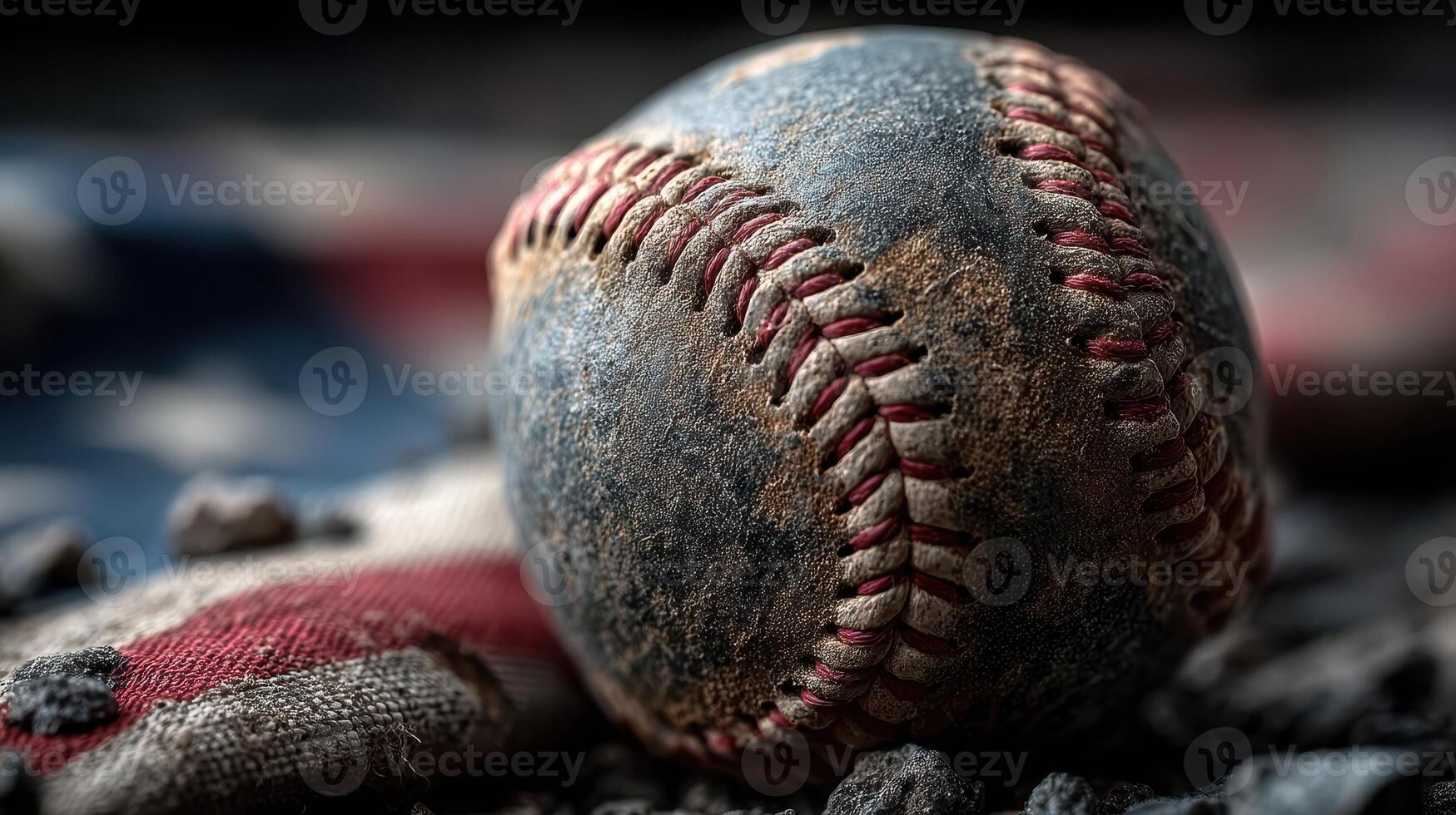 Weathered baseball resting on a rugged surface with an American flag backdrop in a nostalgic setting photo