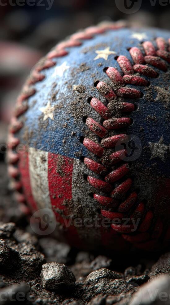 Old baseball with American flag design resting on dirt field during late afternoon play photo