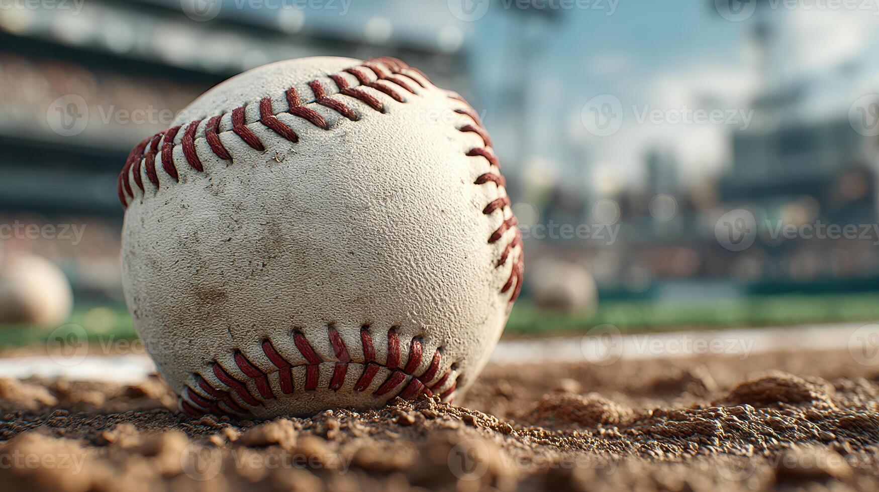 Close-up of a baseball resting on the ground during a sunny day at a baseball stadium photo