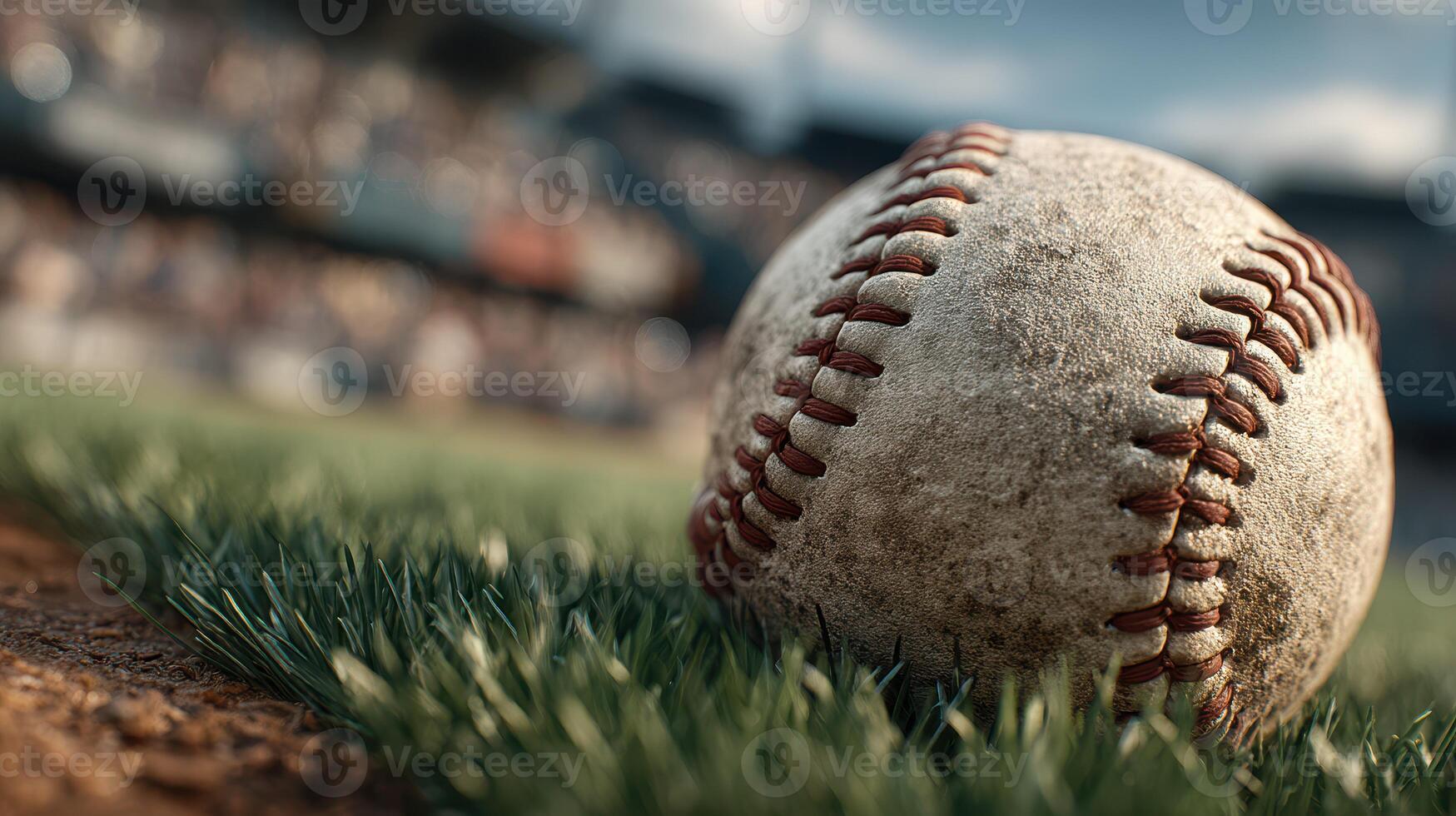 Baseball resting on the grass of the field with stadium in background during daytime photo