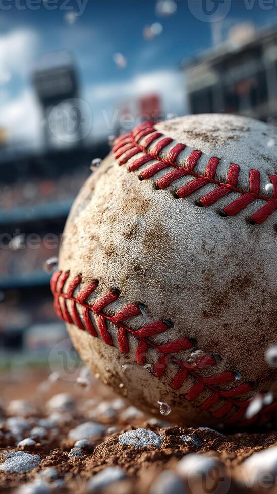 Baseball caught mid-air with dirt and water splashes at a stadium during an afternoon game photo