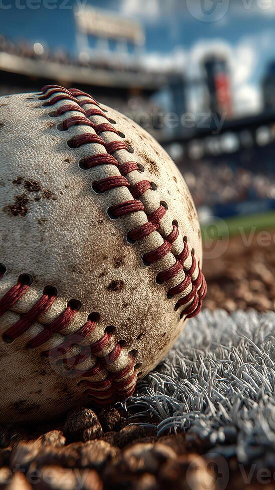 Weathered baseball resting on the field with stadium in background during afternoon game photo
