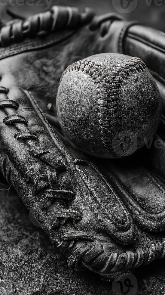 Black and white close-up of a worn baseball resting on a leather glove in a sports setting, showcasing texture and detail photo