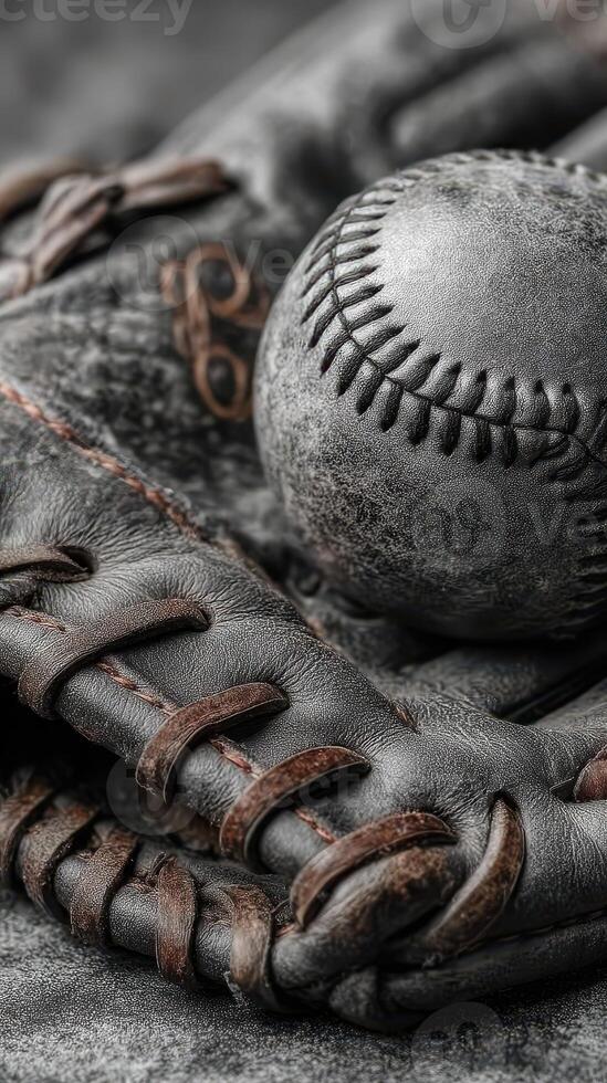 Baseball resting on an old glove, capturing the essence of the game and nostalgia in a close-up view photo