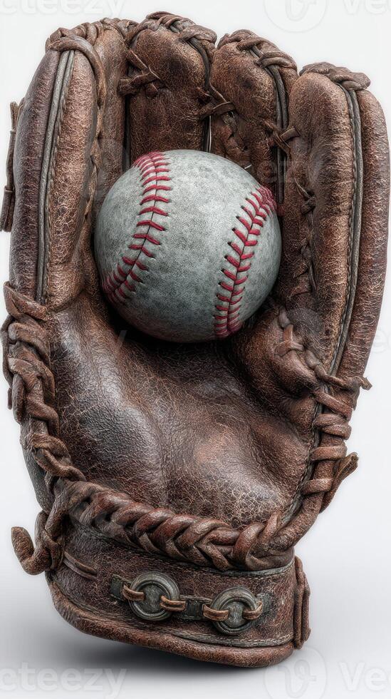 Vintage baseball glove holding a well-worn ball ready for play on a sunny afternoon in the park photo