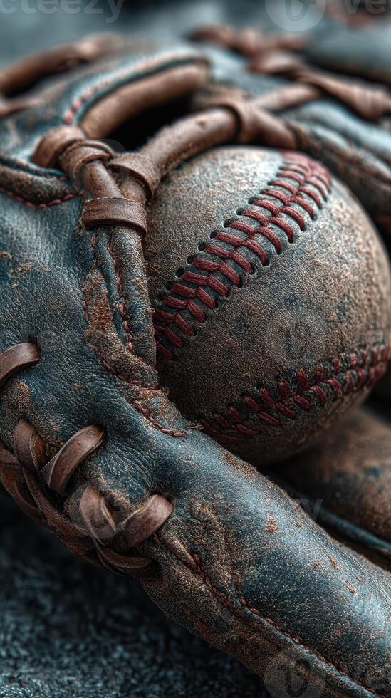 Worn baseball glove with a baseball resting inside in a close-up view on a textured surface photo