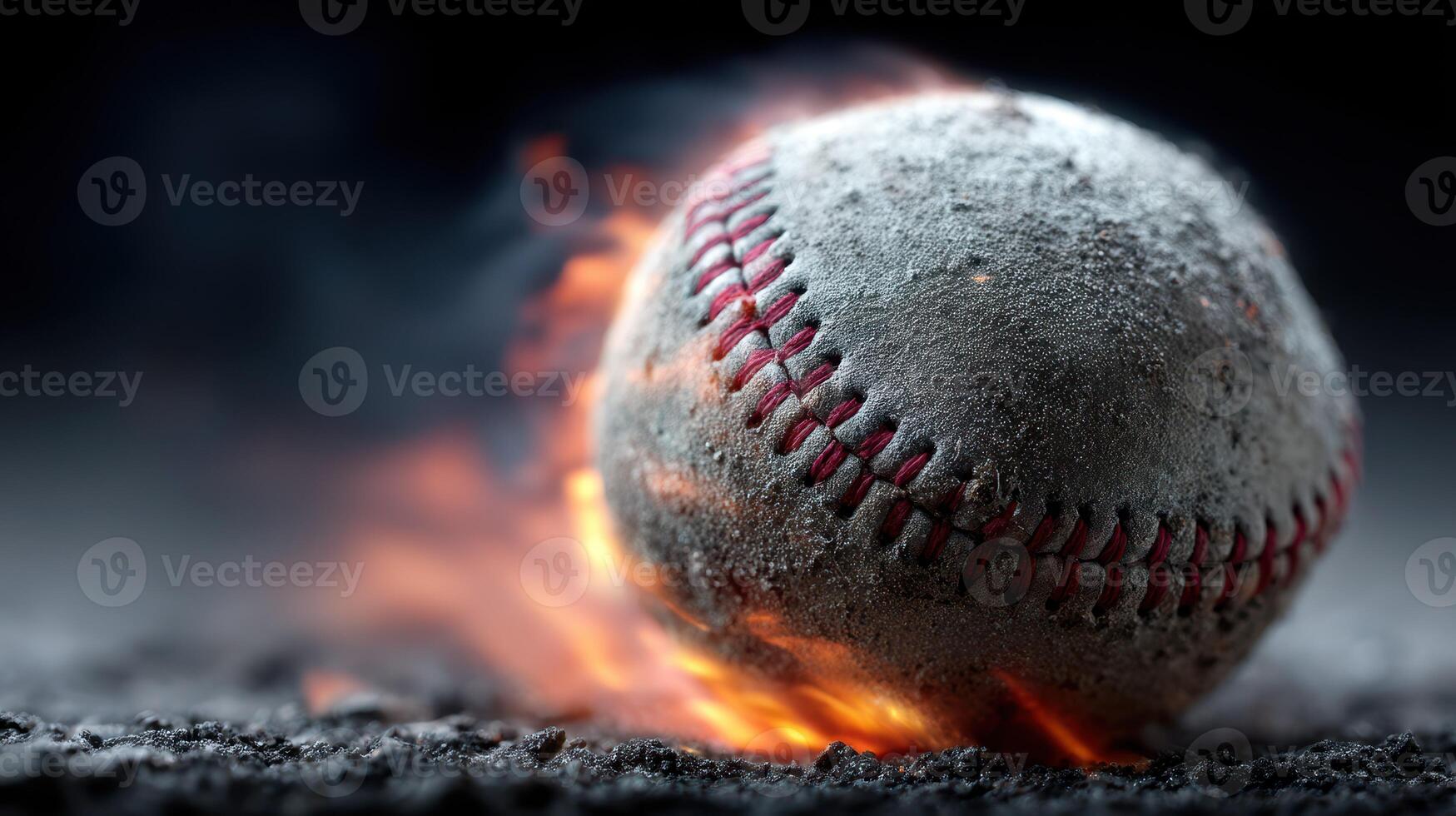 Baseball in motion with flames and smoke creating a dramatic effect during a night game photo