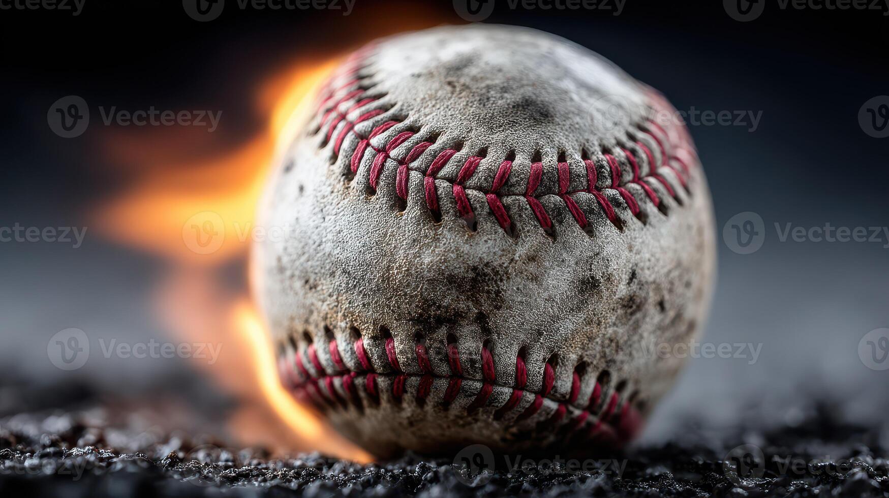Baseball rolling on the ground with flames in the background during an intense game at twilight photo