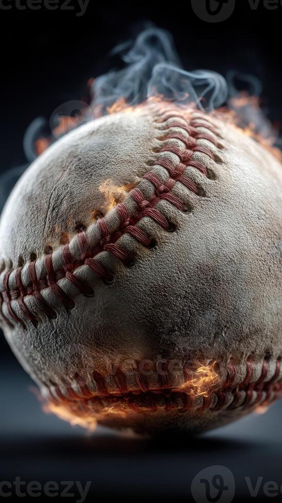 Baseball sphere in mid-air with flames and smoke effects during an intense moment of a game photo