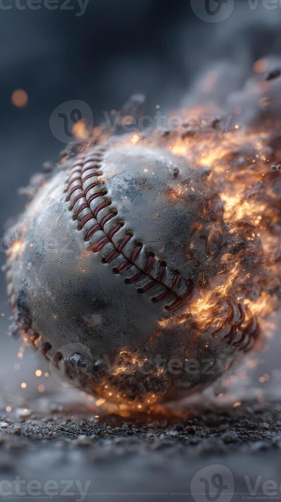 Baseball ignites in motion with fiery effects during a late evening game at a sports field photo