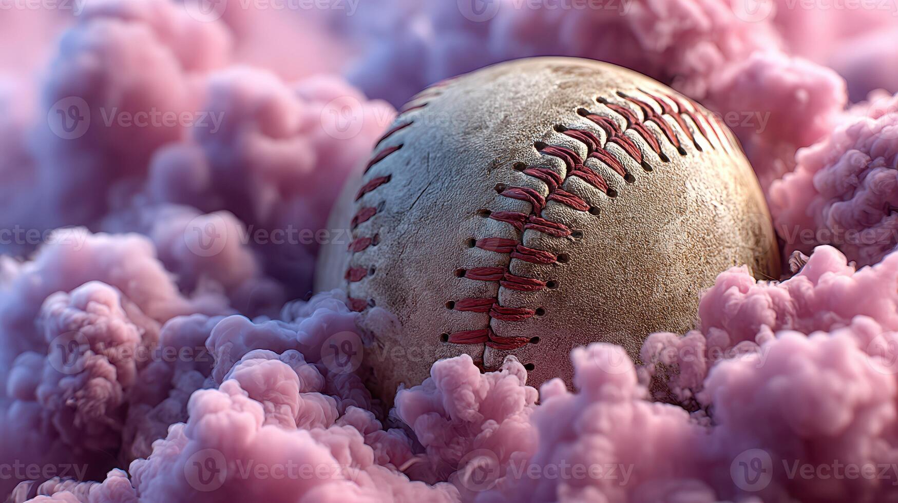 Baseball resting on a bed of pink clouds creating a surreal and imaginative sports-themed atmosphere at sunset photo