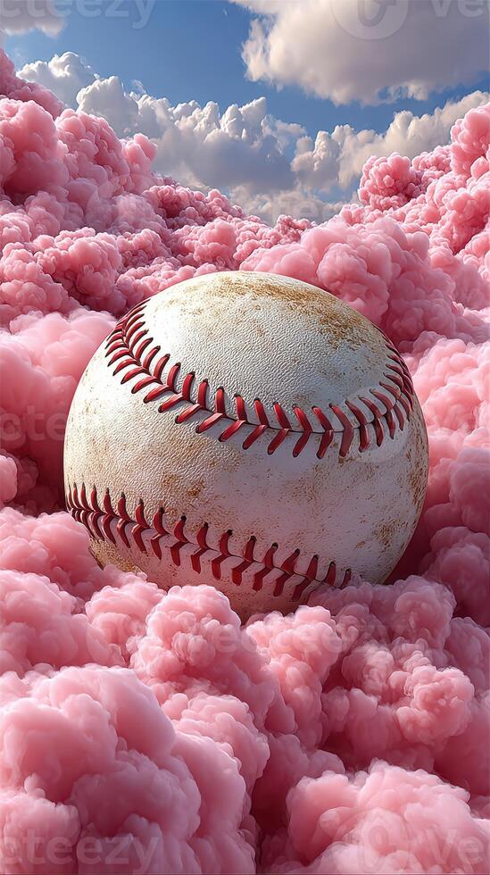 Baseball resting on fluffy pink clouds under a blue sky with soft white clouds in the background photo
