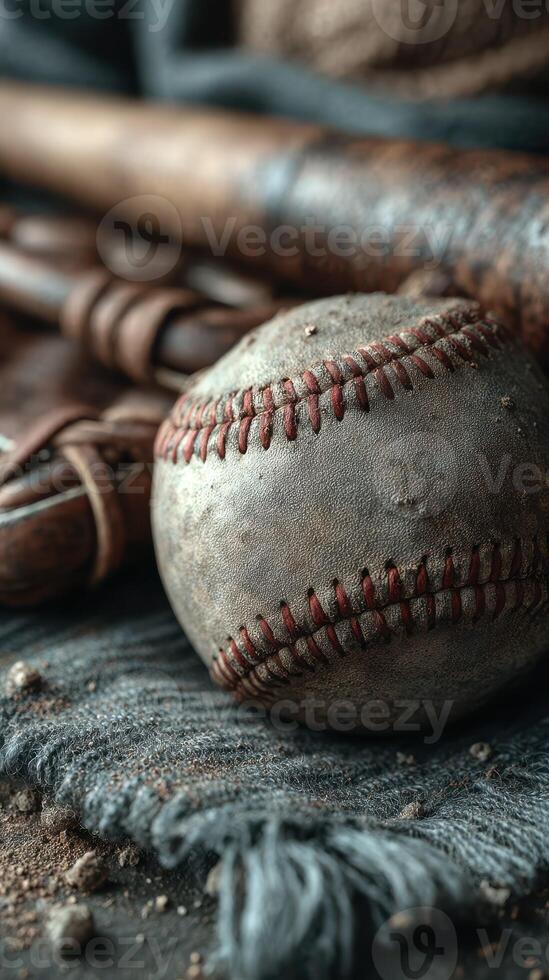 Vintage baseball gear arranged on a weathered cloth in a rustic setting with worn bats and a well-used ball photo