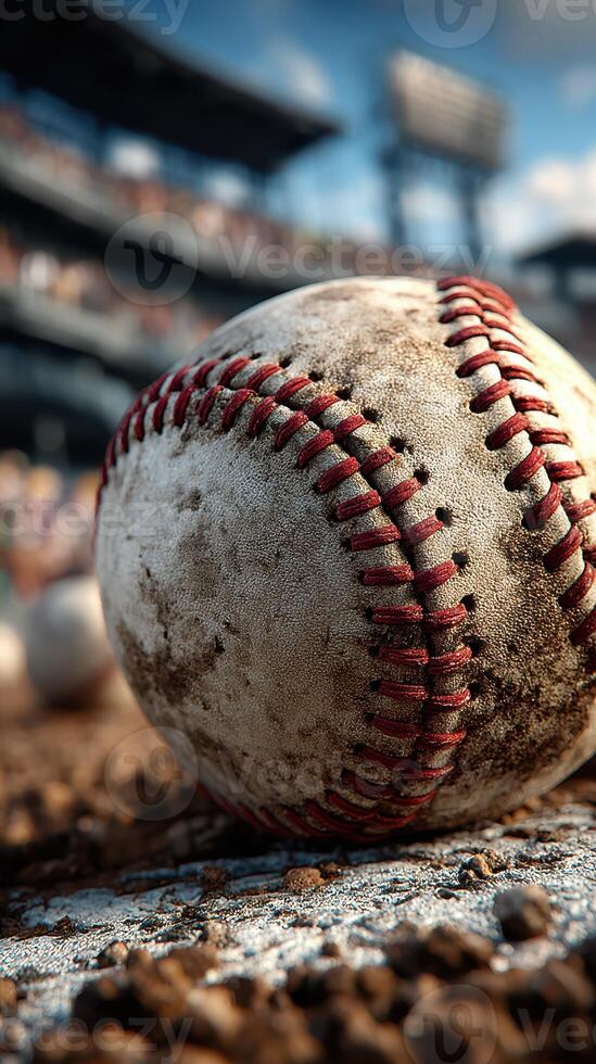 Baseball resting on the field during a game with spectators in the background and bright stadium lights shining photo