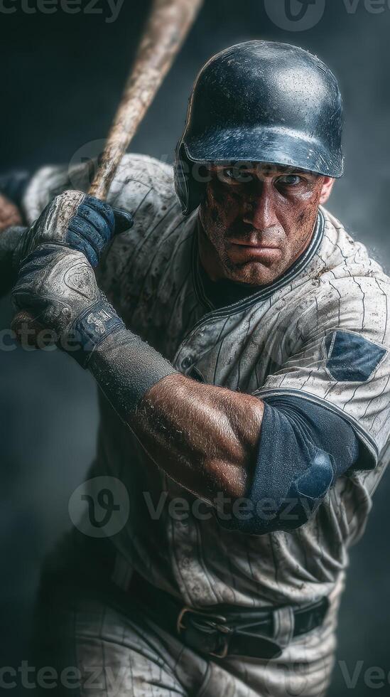 Intense baseball player preparing to swing at a pitch during a night game photo
