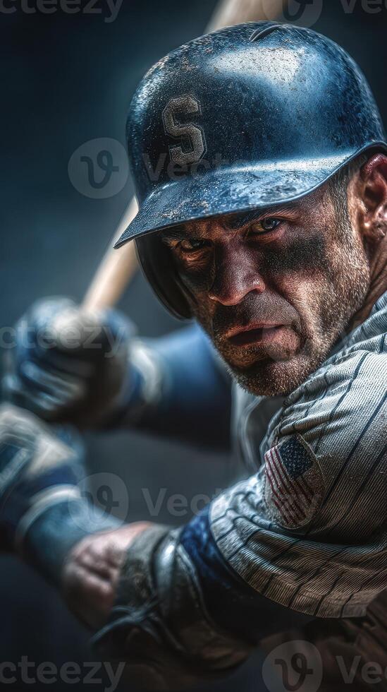 Intense baseball player preparing to swing bat during night game under stadium lights photo