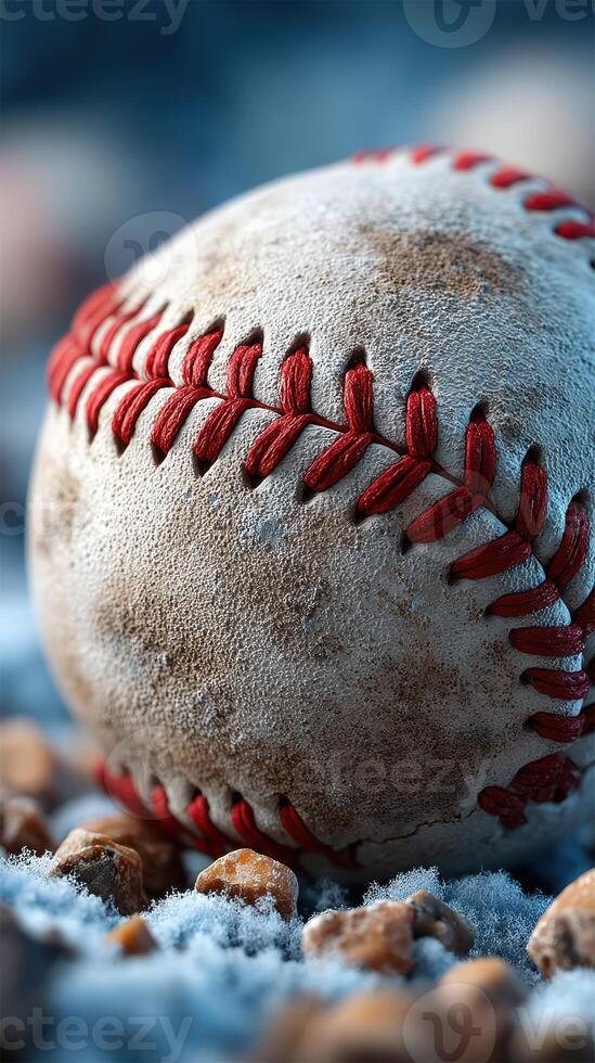 Baseball resting on frost-covered ground with reddish stitching in early morning light photo
