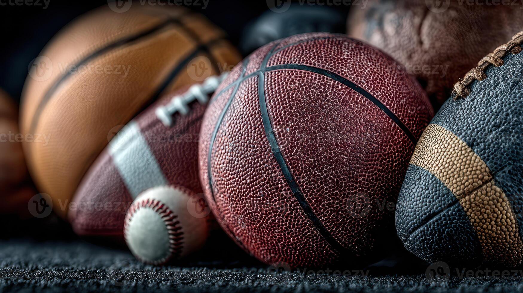 Variety of sports balls displayed together in a creative arrangement on a dark background photo