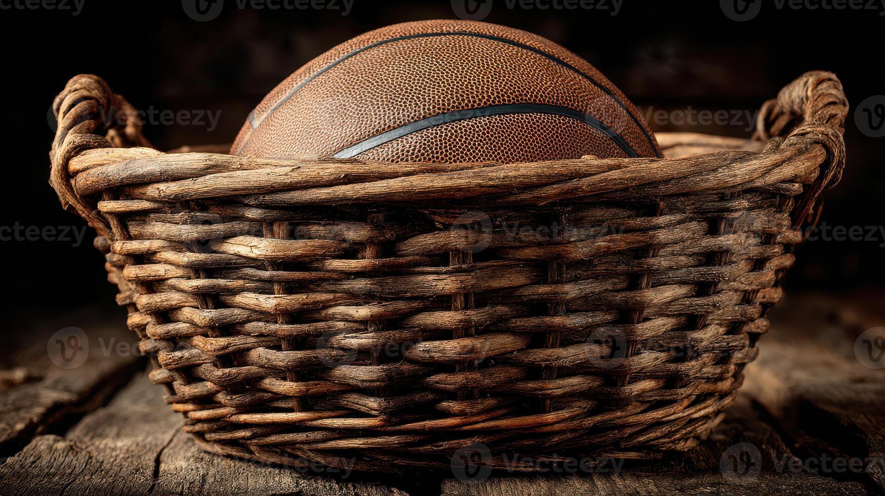 Basketball resting in a rustic woven basket on a wooden surface in a dimly lit setting during evening hours photo