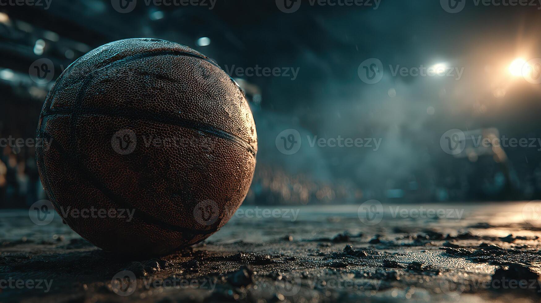 Basketball resting on gym floor during evening game with focused crowd in background photo