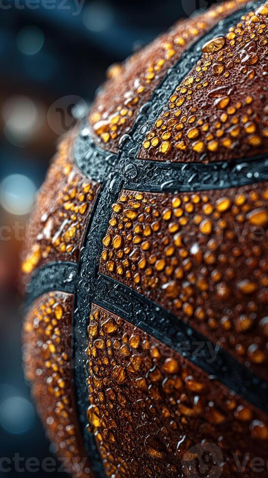 Close-up view of a wet basketball with droplets of water highlighting its texture and patterns photo