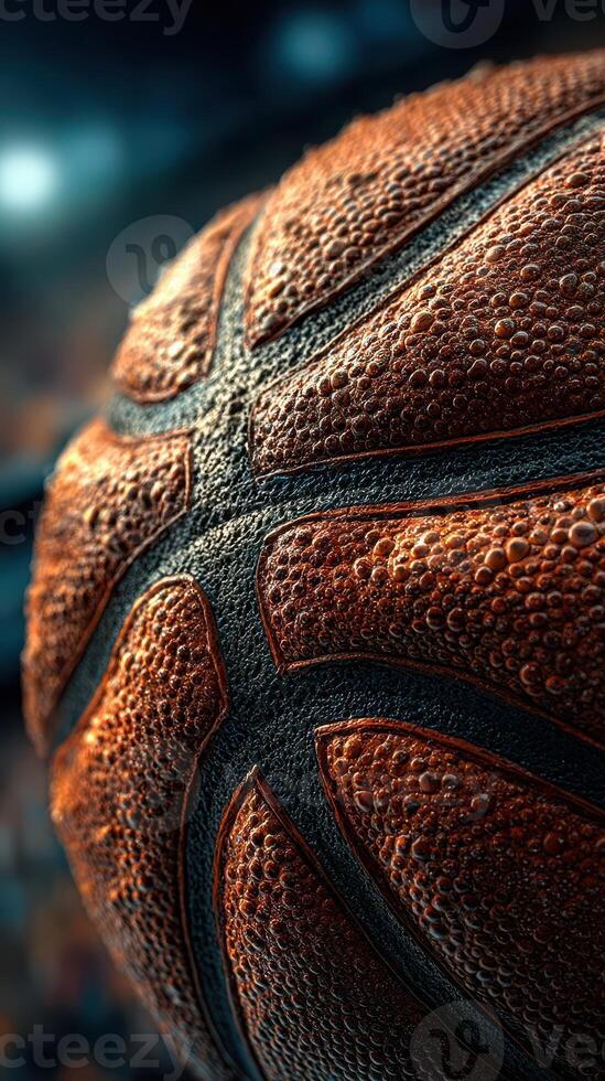 Close-up view of a basketball with textured surface and water droplets during a game at a sports arena photo