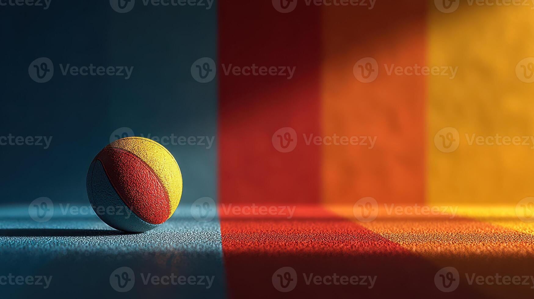 Brightly colored ball resting on textured surface with vibrant light and shadows in indoor setting photo