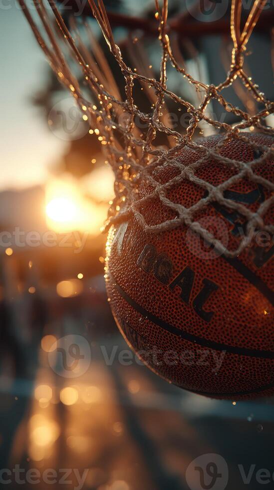 Basketball effortlessly swishes through the net at sunset during an outdoor game photo