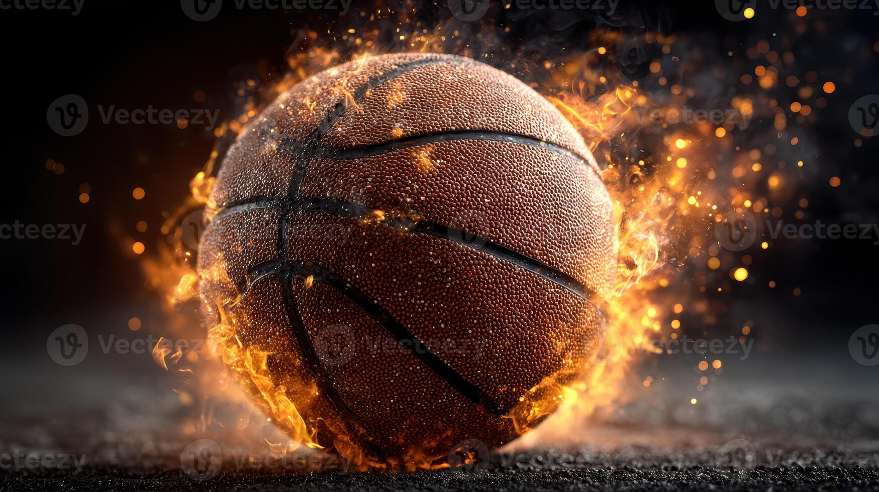 Basketball ignites with flames during a dynamic sports moment in a dark arena setting photo