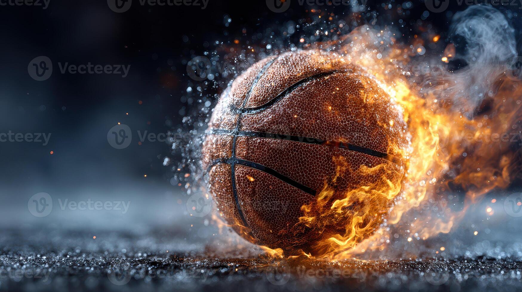Basketball ignites with flames during intense competition in a dynamic sports arena photo