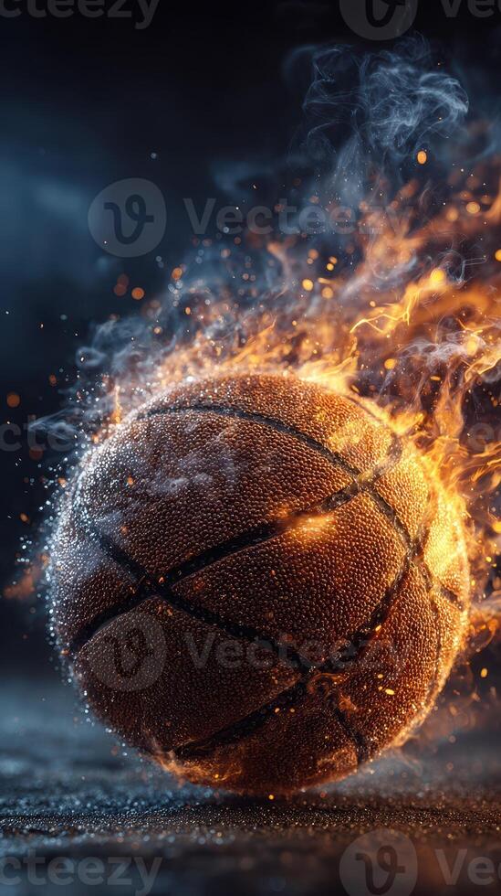 Basketball engulfed in flames with smoke and sparks during dramatic sports event at night photo