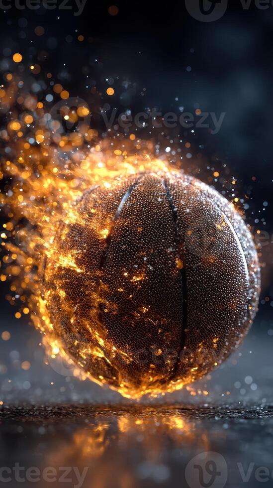 Basketball ignites with energy and motion in a dynamic display of flames and sparks photo