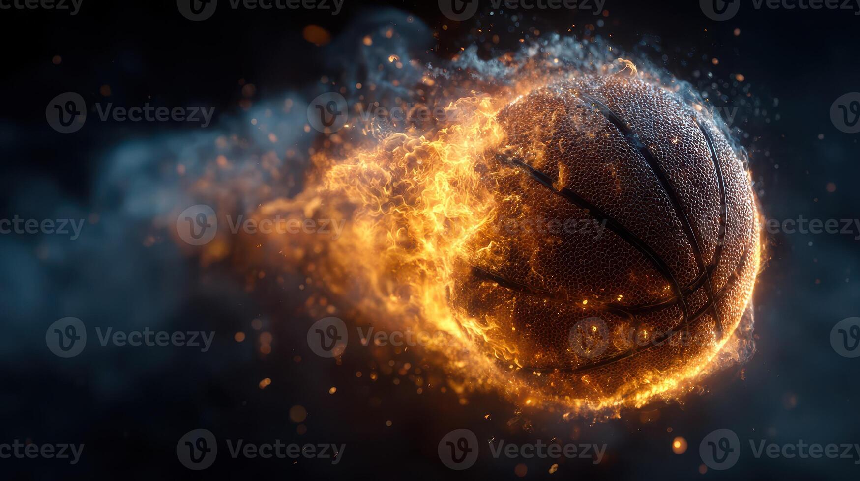 Basketball ignites with flames in a dynamic motion display creating an exhilarating effect photo
