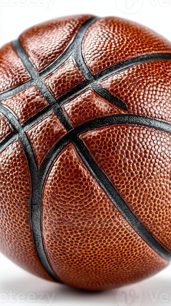 Detailed close-up of a basketball showcasing its textured surface and classic design photo