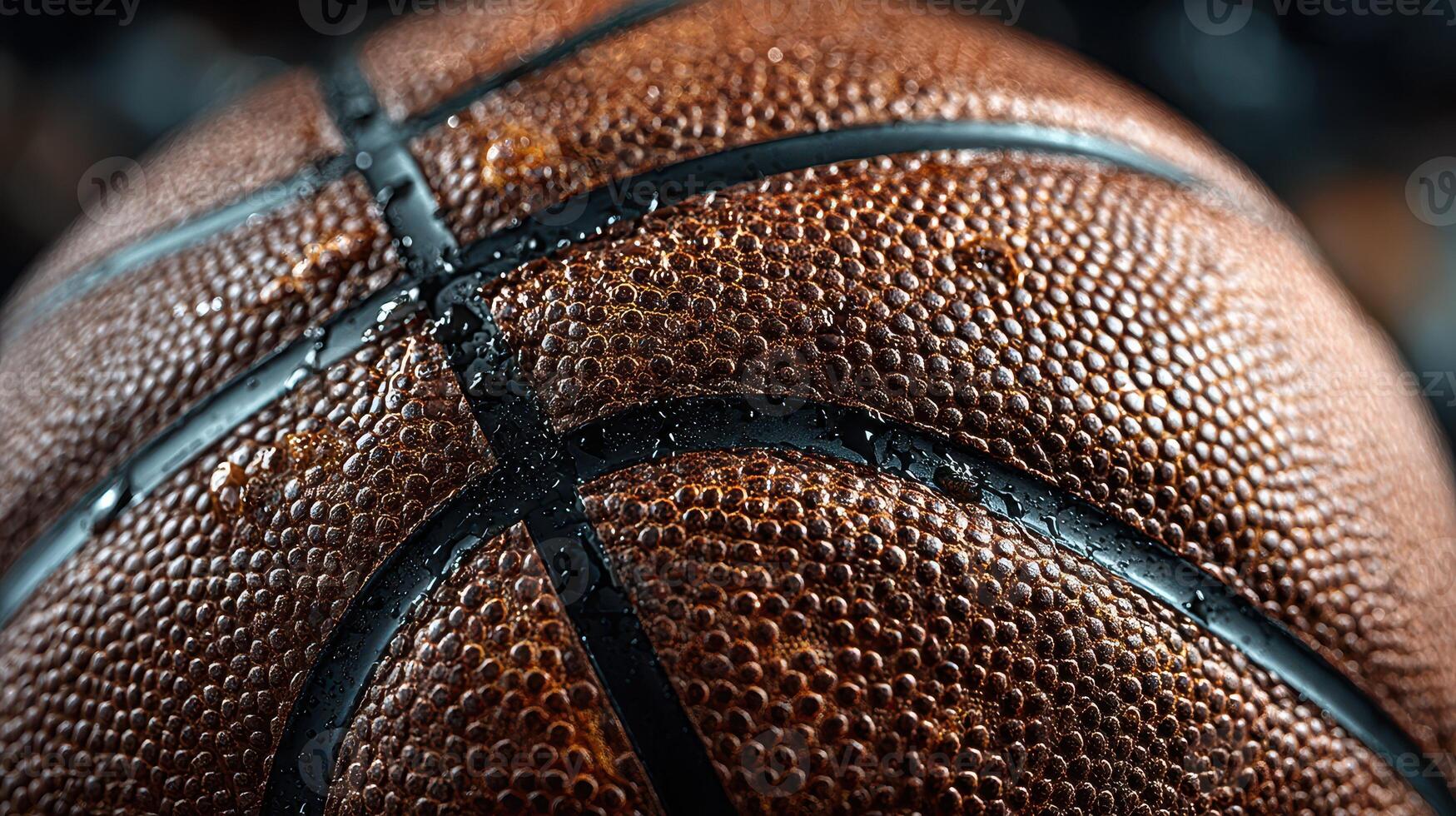 Close-up view of a wet basketball with intricate texture and details captured during a game photo