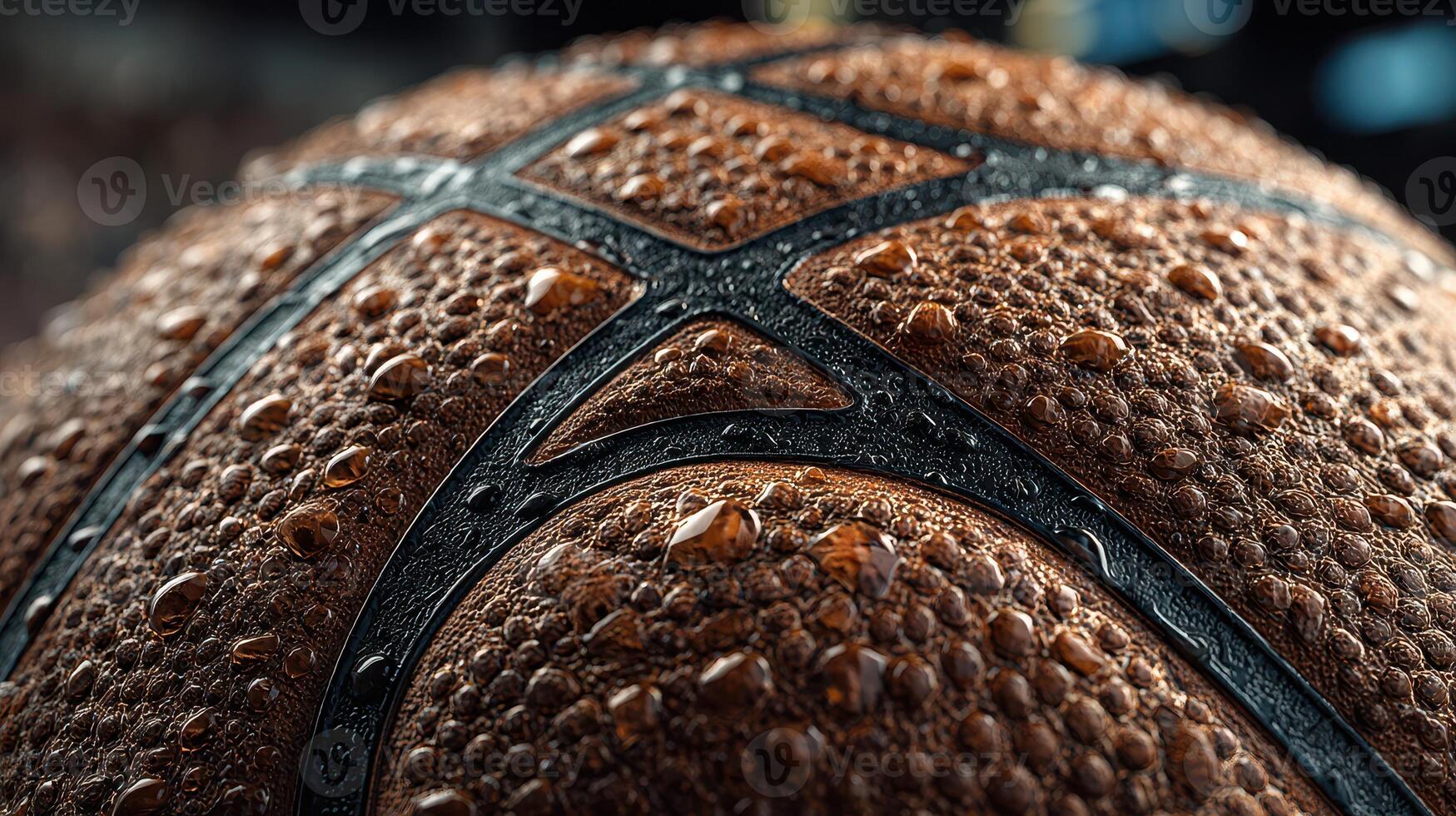 Close-up of a wet basketball showing intricate texture and detail in a gym setting during an intense game photo