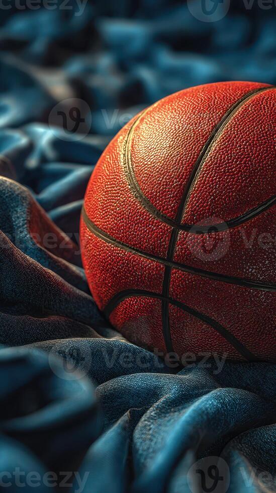 Basketball resting on textured fabric with dramatic lighting and vivid colors showcasing the iconic sporting equipment photo