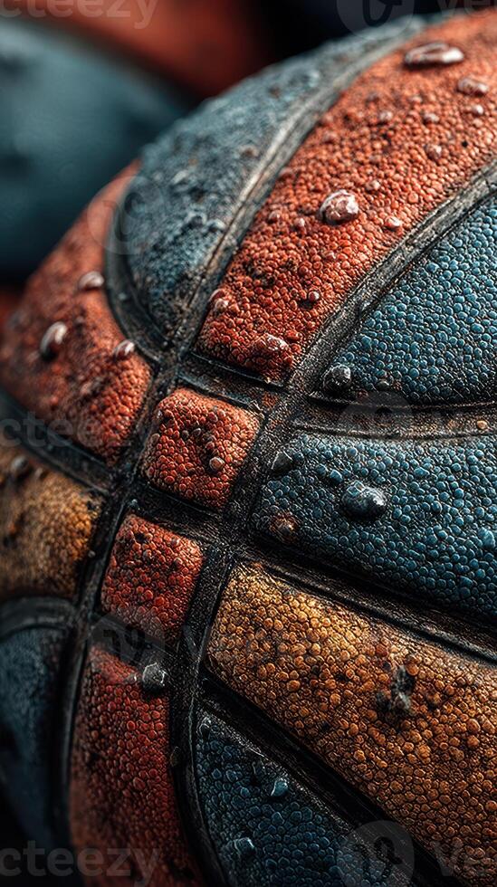 Detailed close-up of weathered basketballs resting on each other after a fresh rain in a sports court photo