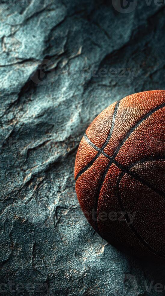 Basketball resting on textured surface captures dynamic essence of sport and dedication photo
