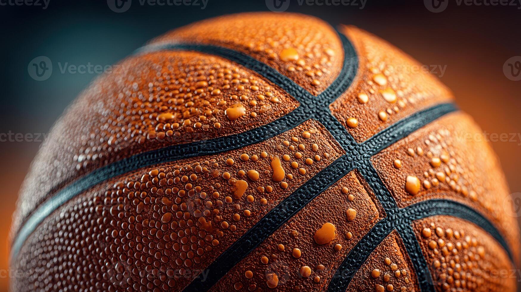 Close-up of a wet basketball showcasing intricate texture and droplets in an indoor gym setting photo