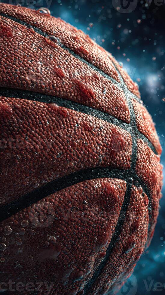 Close-up of a basketball with water droplets highlighting its texture and details in a vibrant background photo
