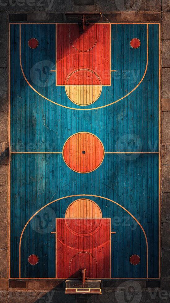 Colorful basketball court design viewed from above with vibrant patterns and high-contrast colors in a community space photo