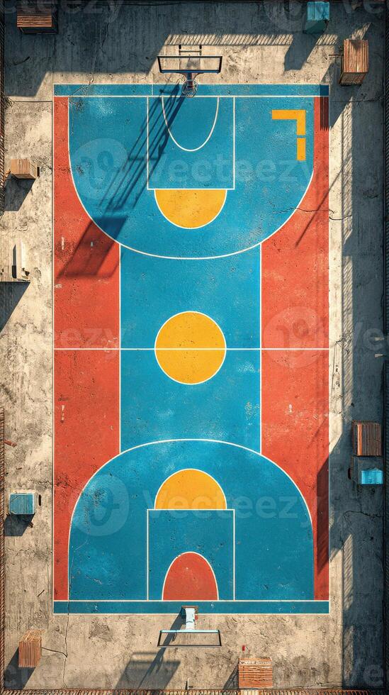 Vibrant basketball court with colorful markings designed for play in a sunny atmosphere photo