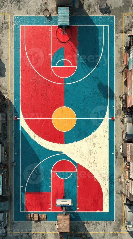 Colorful basketball court viewed from above with bright patterns and urban surroundings in midday light photo