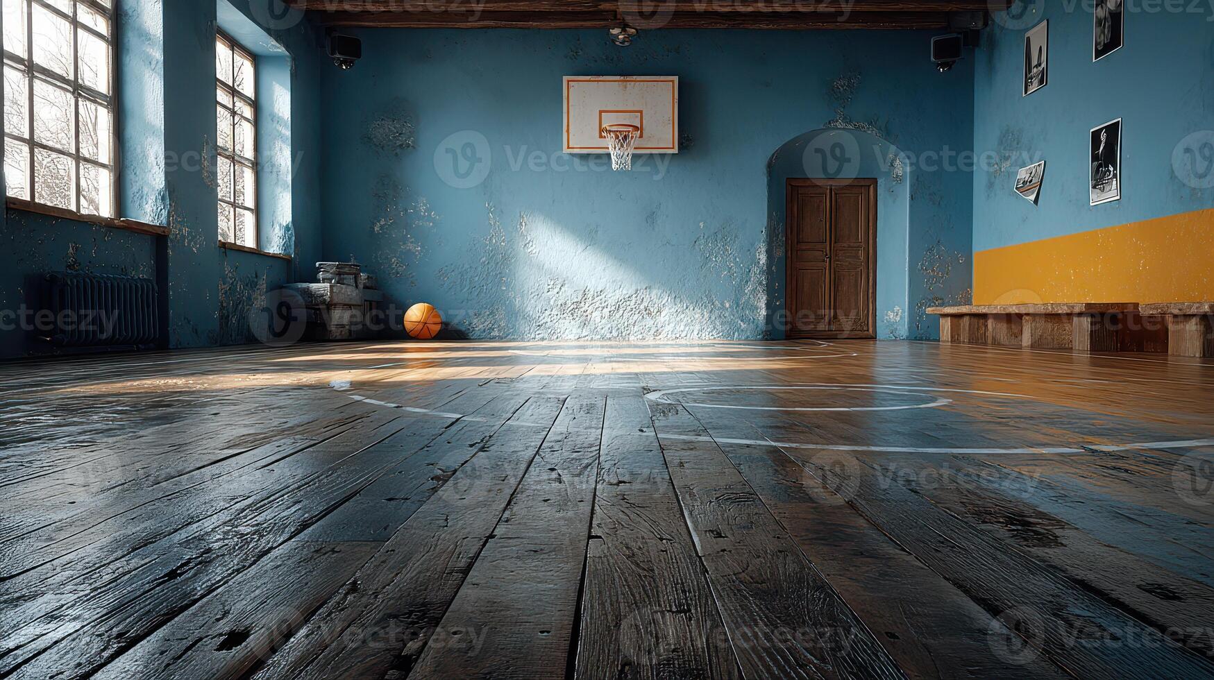 Old basketball gym with wooden floors and bright sunlight shining through windows during the day photo