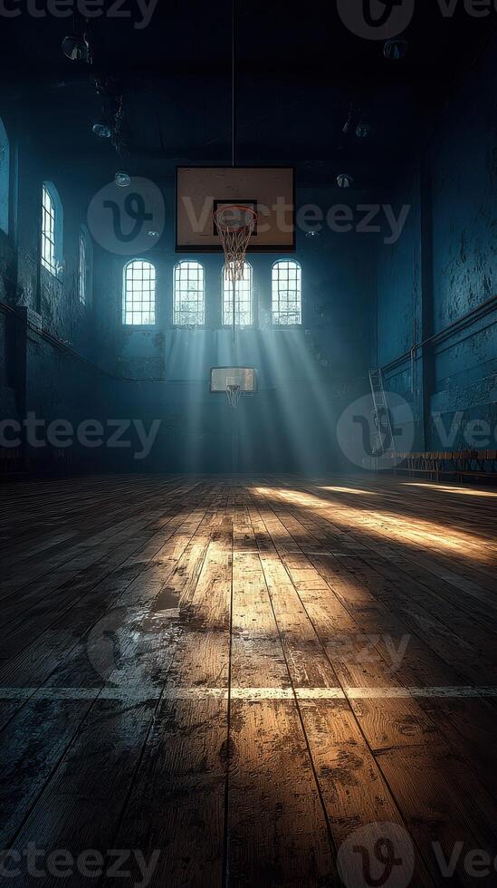 Basketball court illuminated by sunlight in an abandoned gym during late afternoon photo