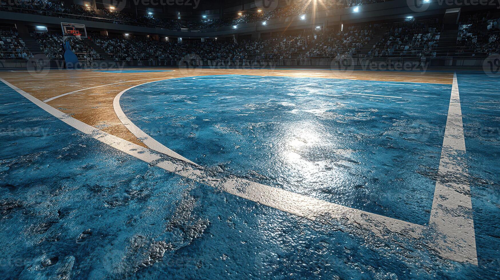 Basketball court with a reflective blue floor during a lively sports event in a packed arena at night photo