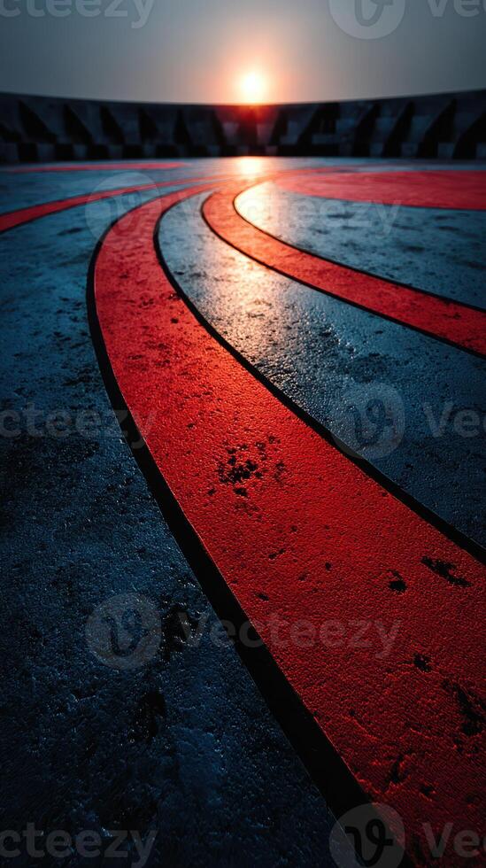 Colorful track lines leading to a sunset at a sports field during golden hour photo
