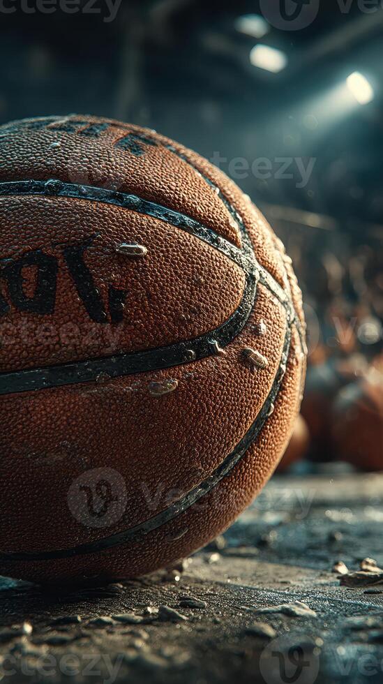 Basketball resting on the floor in an indoor court illuminated by dramatic lighting during a competitive game photo